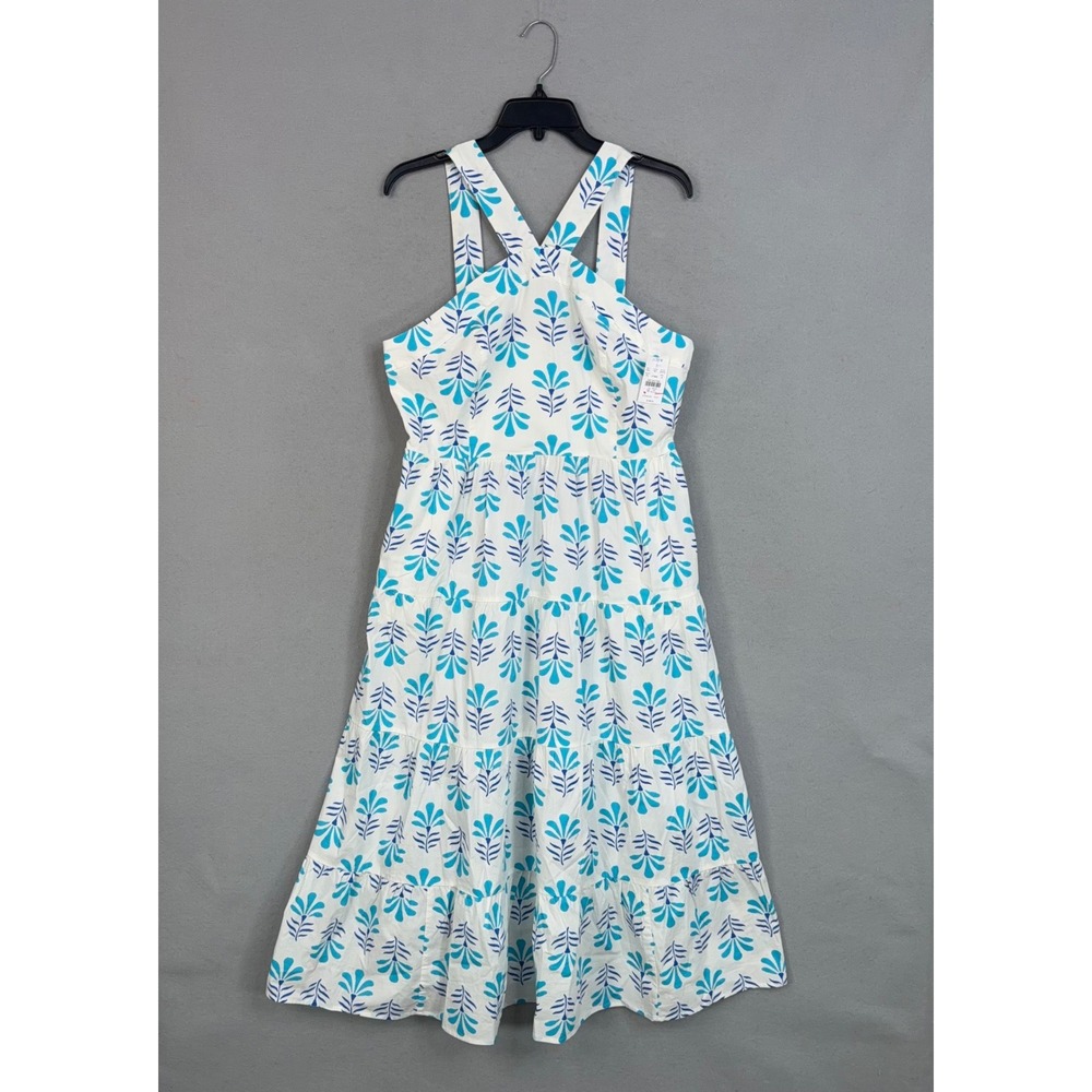 J.Crew Dress Womens 14 White Blue Floral Halter Tiered Printed Summer Preppy NWT